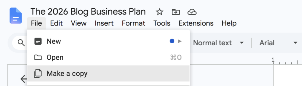 screen shot of "copy" in google docs