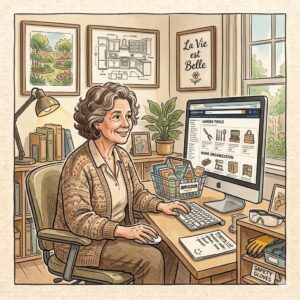 methodical mary buyer persona.  woman sitting at a computer shopping at amazon
